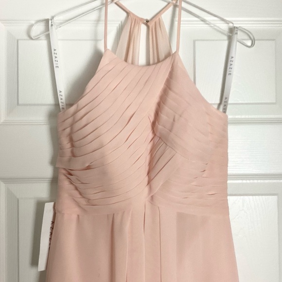 NWT Azazie Ginger A-Line Halter Pleated Chiffon Floor Length Dress Pearl Pink 4 - Picture 3 of 12